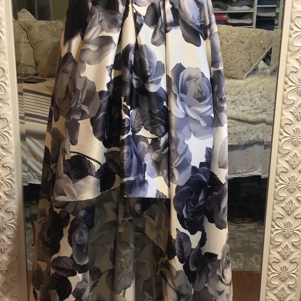 Black/White Floral High-Low Satin Twill Ball Gown - Picture 4 of 8